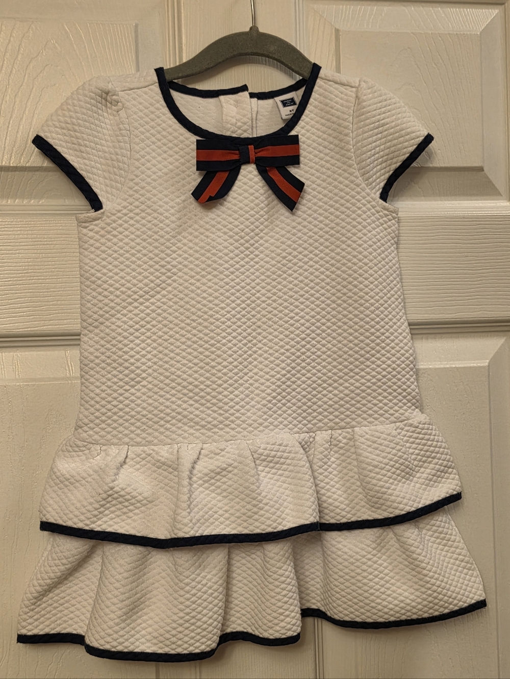 Janie and Jack White Quilted Bow Dress Ruffle Tiered Navy Trim Size 2T